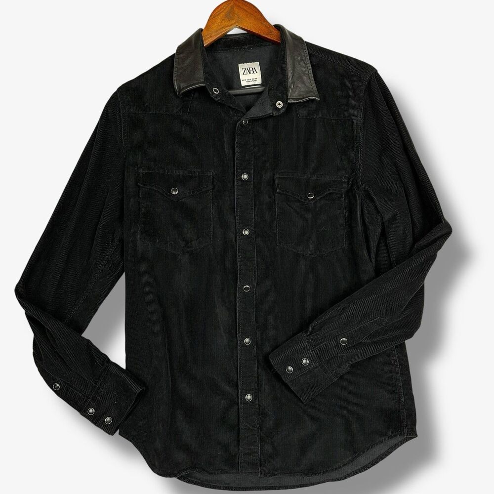ZARA Black Baby Corduroy Shirt *Men's Sz M* Sheep Leather Collar Western Style